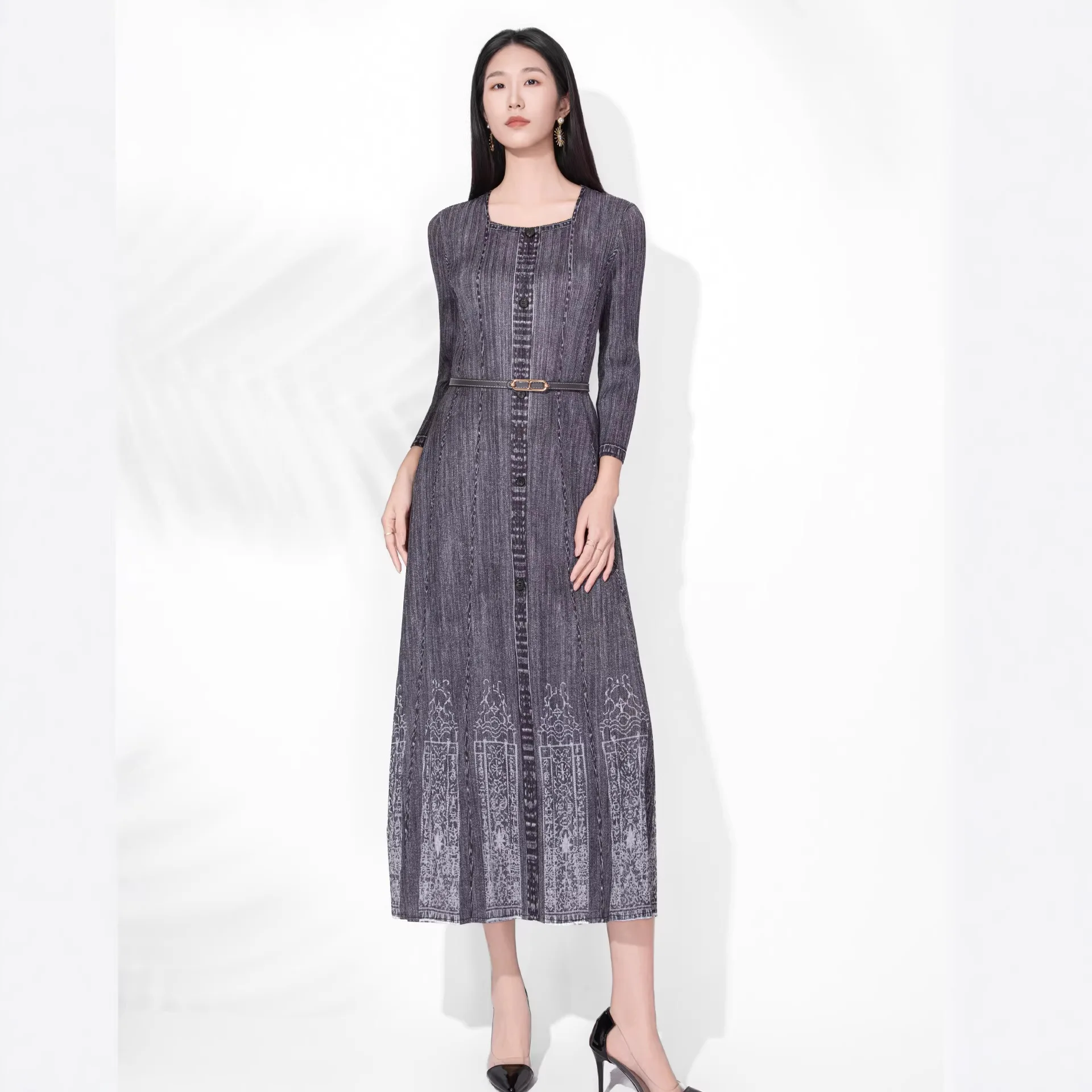 

Элегантное платье Miyake с длинными рукавами, приталенное, с принтом, плиссированное, с рукавами три четверти, весна 2026, новинка 2DB7335