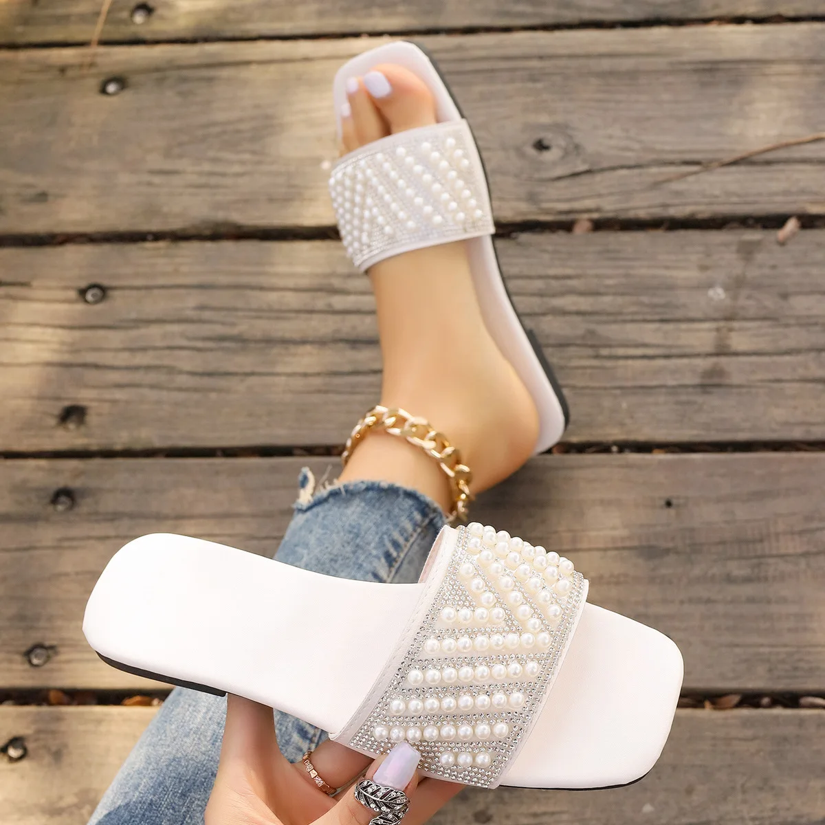 Pearl Sandals Slippers Woman House Shoes Ladies on Sale Slipper Sandal Female Beach Indoor Slides for Women Sandalias Femininas