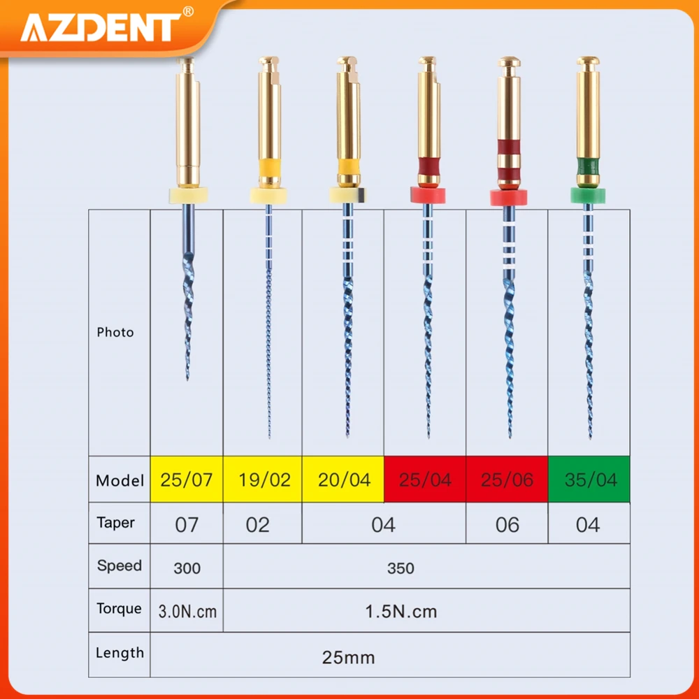 6 sztuk/pudło Dental termalnie aktywowany nikiel-tytan AZDENT pilnik do kanałów korzeniowych pilniki do formowania Endo 25mm zastosowanie silnika