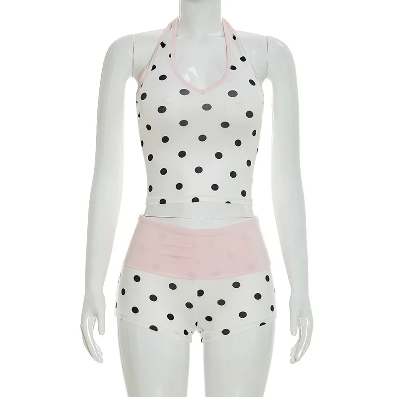 New European and American style fashion sweet hanging neck polka dot contrasting color top and shorts two set