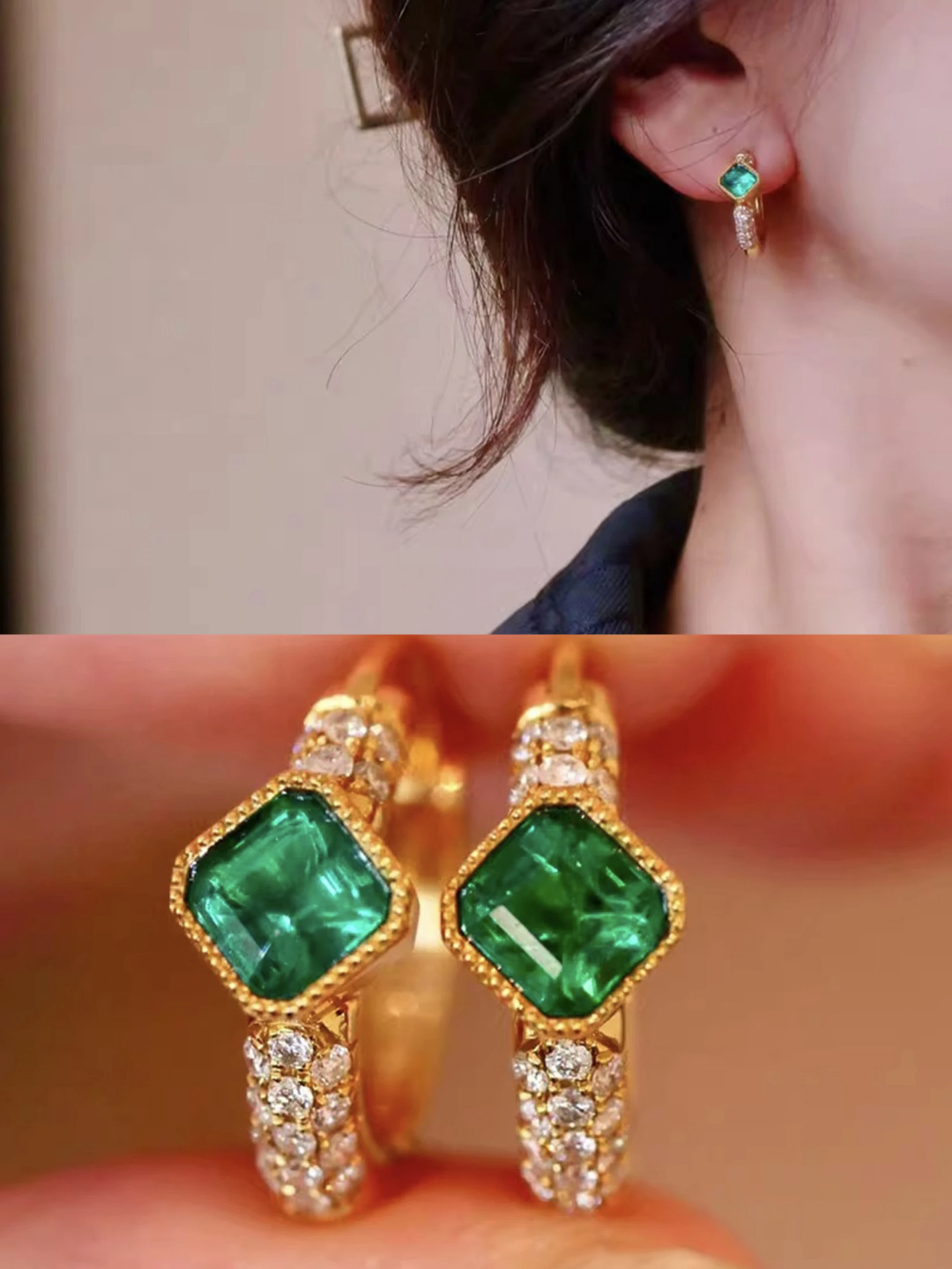 

Ins Fashion 925 Silver Princess Cut Vivid Green Emerald Full Diamond Ear Buckle Huggie Hoop Earring Jewelry Women Birthday Gifts