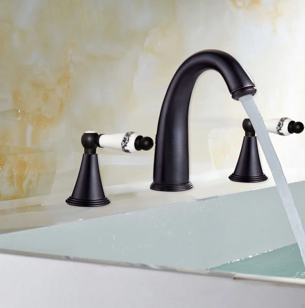 

Oil Rubbed Bronze Widespread Deck-Mounted Tub 3 Holes Dual Ceramic Handles Kitchen Bathroom Tub Sink Basin Faucet Tap mnf080