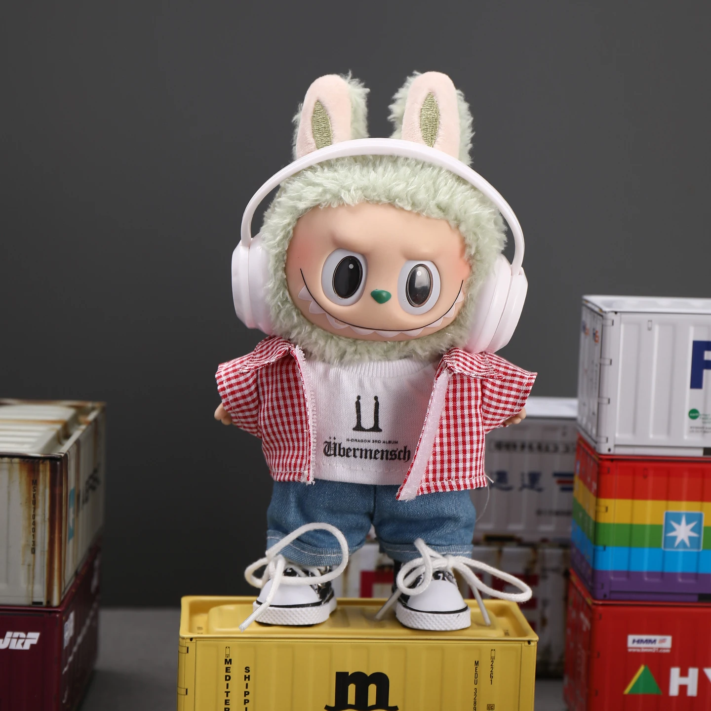 

labubu clothes-G-Dragon plaid shirt jeans set-for the first and third generations17cm of standing plush blind box baby clothes