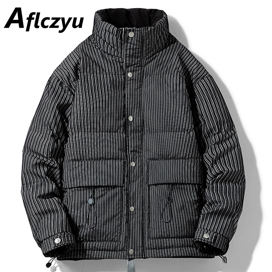 Down Jacket Men Autumn Winter Thick Puffer Jacket Fashion Casual Stripe Down Coat Male Stand Collar Jacket Black