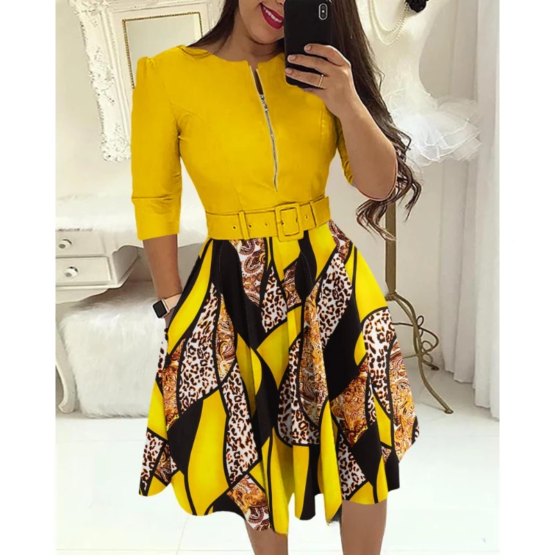 

Autumn Commuting Female Fashion Irregular Contrast Color Zipper Design Print Dress with Belt Women's Casual Long Sleeved Dresses