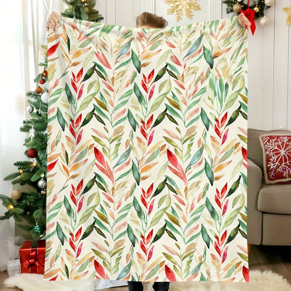 

1pc Vintage Watercolor Leaves and Vines Blanket - Polyester fabric, machine washable, perfect for naps, camping, travel, office
