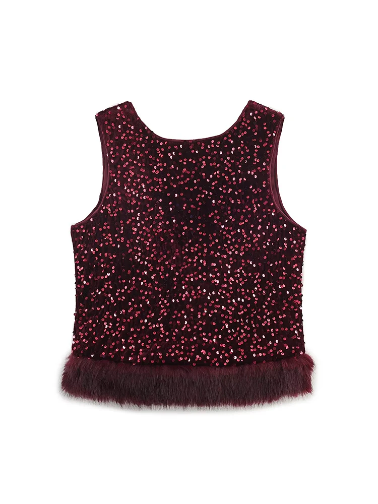 TFMLN Winter New Women Sequined Pants Set Elegant Sleeveless Backless Faux Fur Hem Top Wide Leg Pants Fashion Party Suits