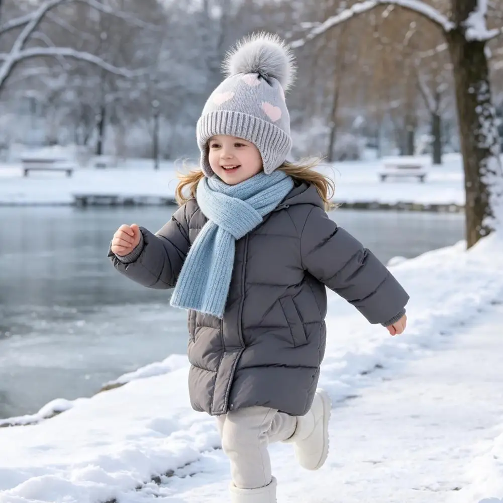 Weather Thermal Headwear Kids Winter Knit Hat with Soft Pompom Cozy Earflap for Boys Girls Warm Heart Pattern for Children