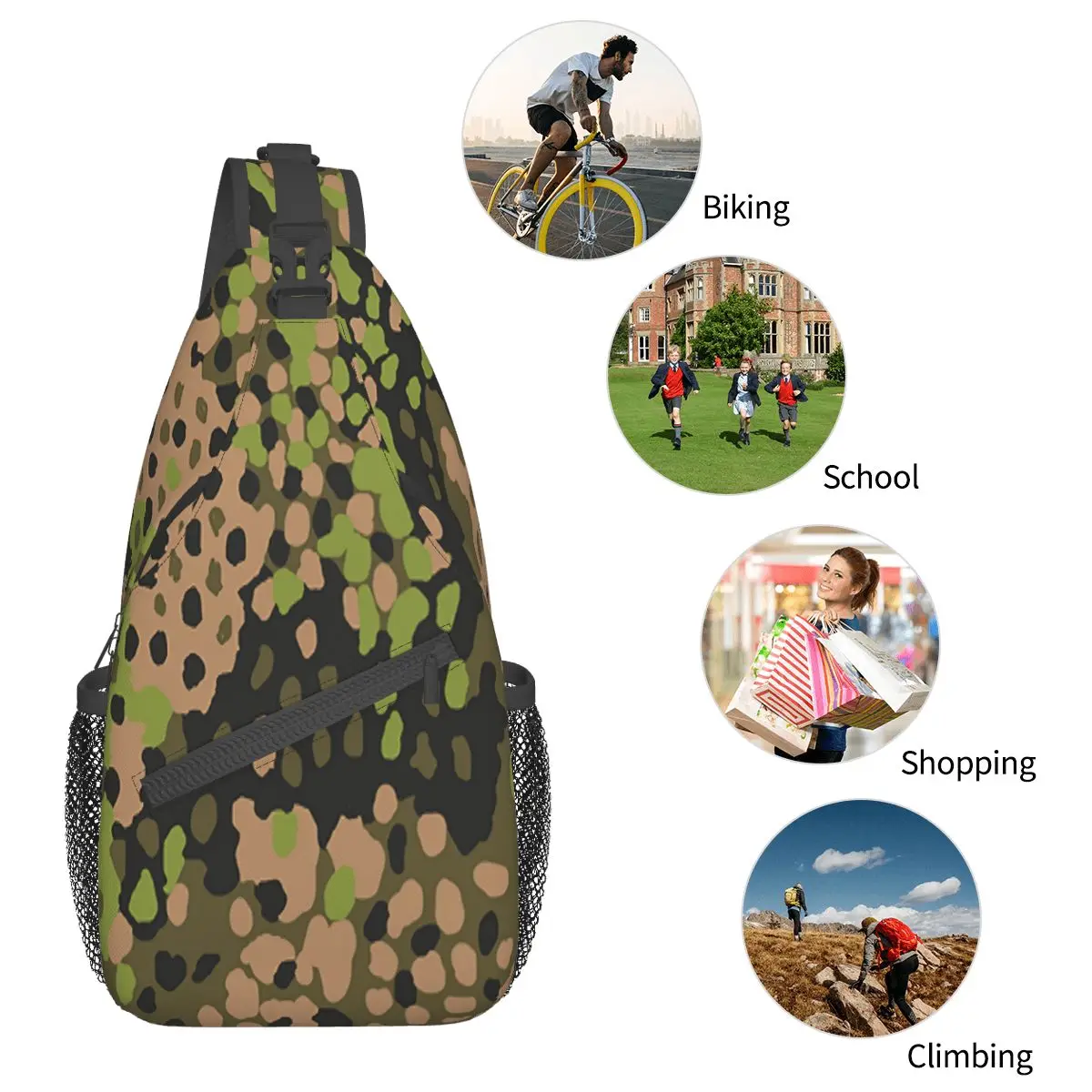 WW2 SS Erbsentarn Camuflagem Crossbody Sling Bag SmallChest Bag Camo Exército Ombro Mochila Daypack para Viagem Caminhadas Camping