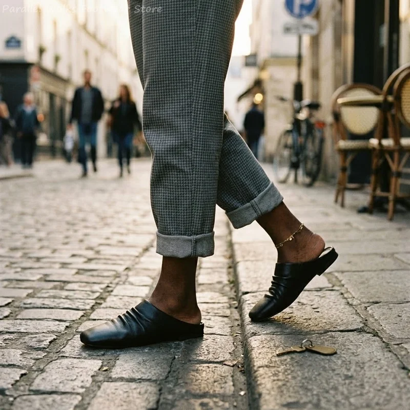 Men Mules Sneakers Pleated Leather Square Toe Slip On Half Slippers Backless Footwear Flat Casual Vintage Walking Shoes Men New