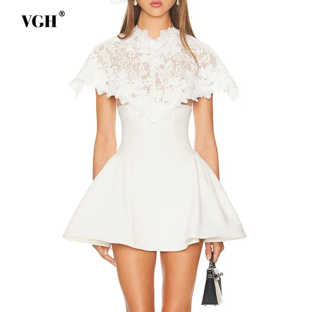 VGH Sexy Party Short Dress for Women Irregular Neck Sleeveless Spliced Lace Shawl Tunic Folds Hotsweet White Dresses Female New