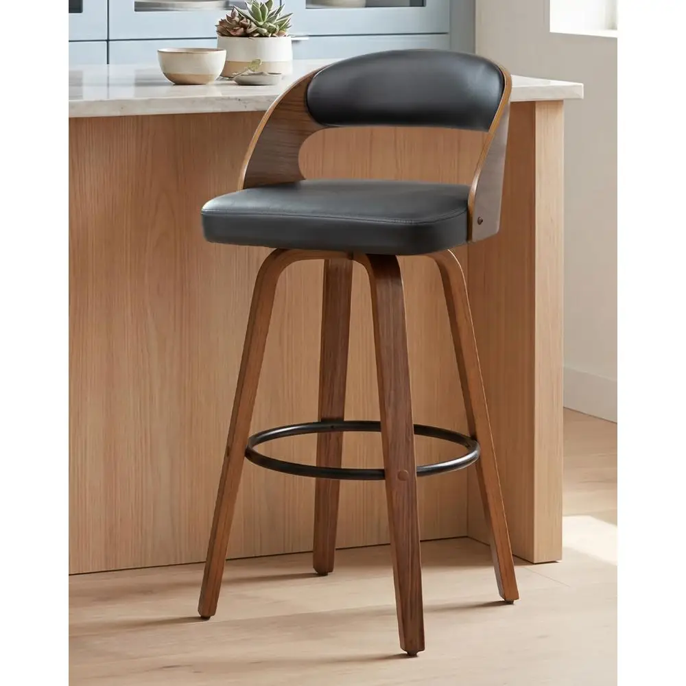 

30 Counter Height Swivel Bar Stools Set of 1, Black PU Leather Upholstered Chairs with Backrest and Footrest for Bar, Cafe, Dini