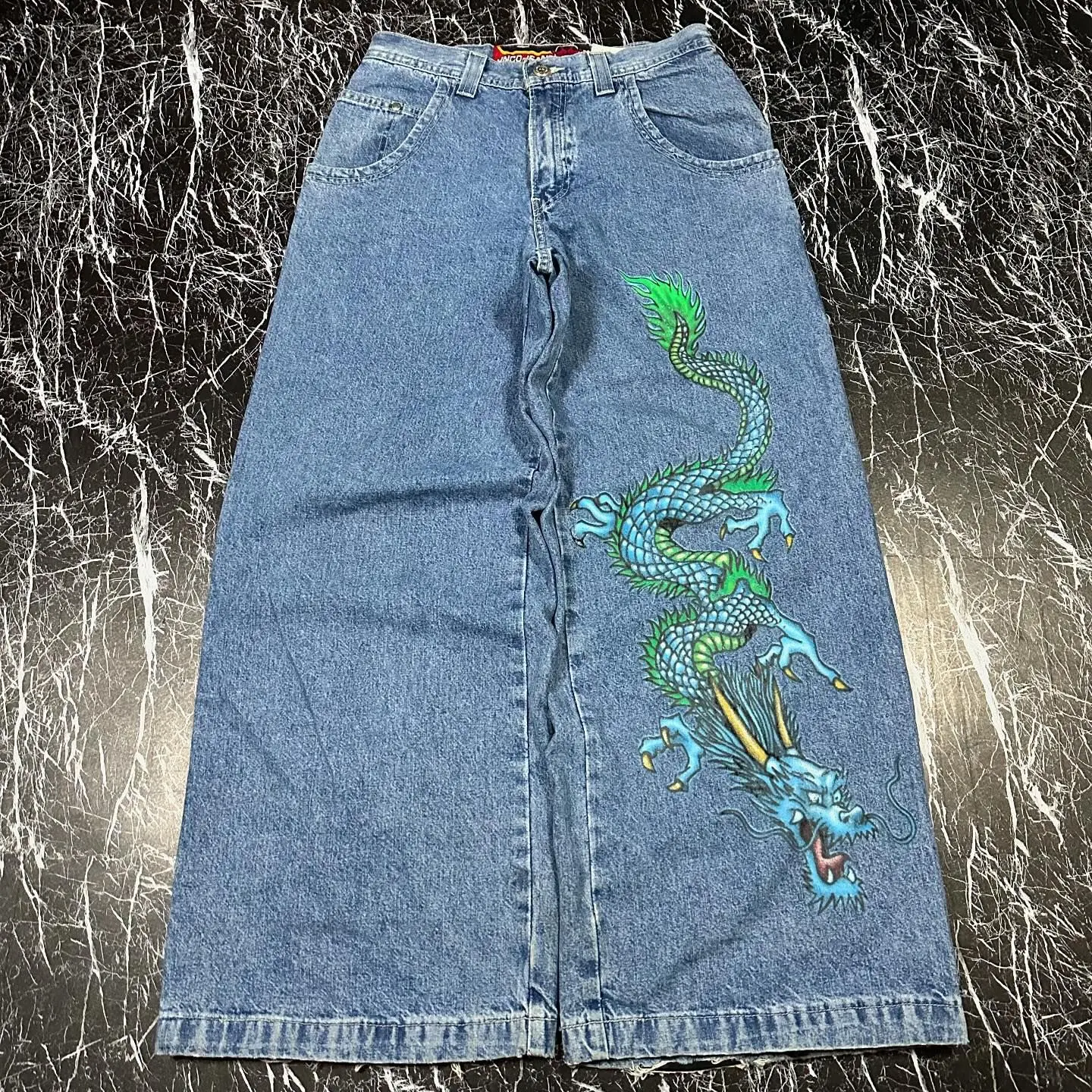 Harajuku JNCO Jeans New Gothic High Waisted Wide Trousers Y2K Mens Hip Hop Dice Graphic Embroidered Baggy Jeans Retro Blue Pants