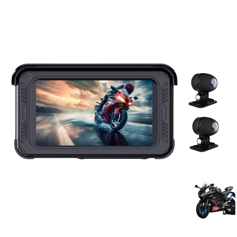 

5" IPS Motorcycle Dash Cam 2K+1080P Dual Lens CarPlay Android Auto IP67 Waterproof CS69B