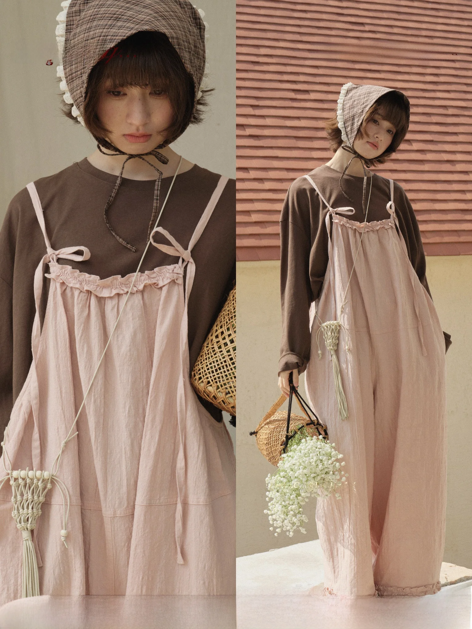 

Женский комбинезон TONGTIONG в японском стиле с хлопковой подкладкой, розовый, с поясом, весенне-летний, свободный, стройнящий, цельный костюм