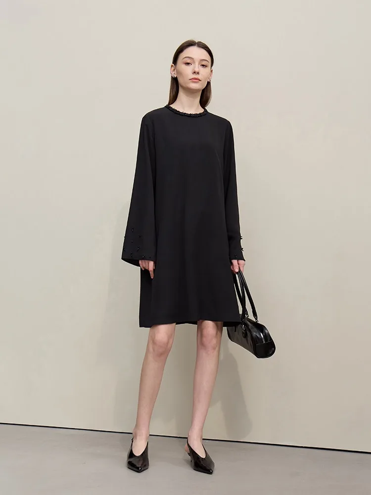 

Amii Women's Dress 2026 Spring New Elegant Round Neck Bell Sleeve Midi Dress Beaded Loose Straight Ladies Clothing 12621094