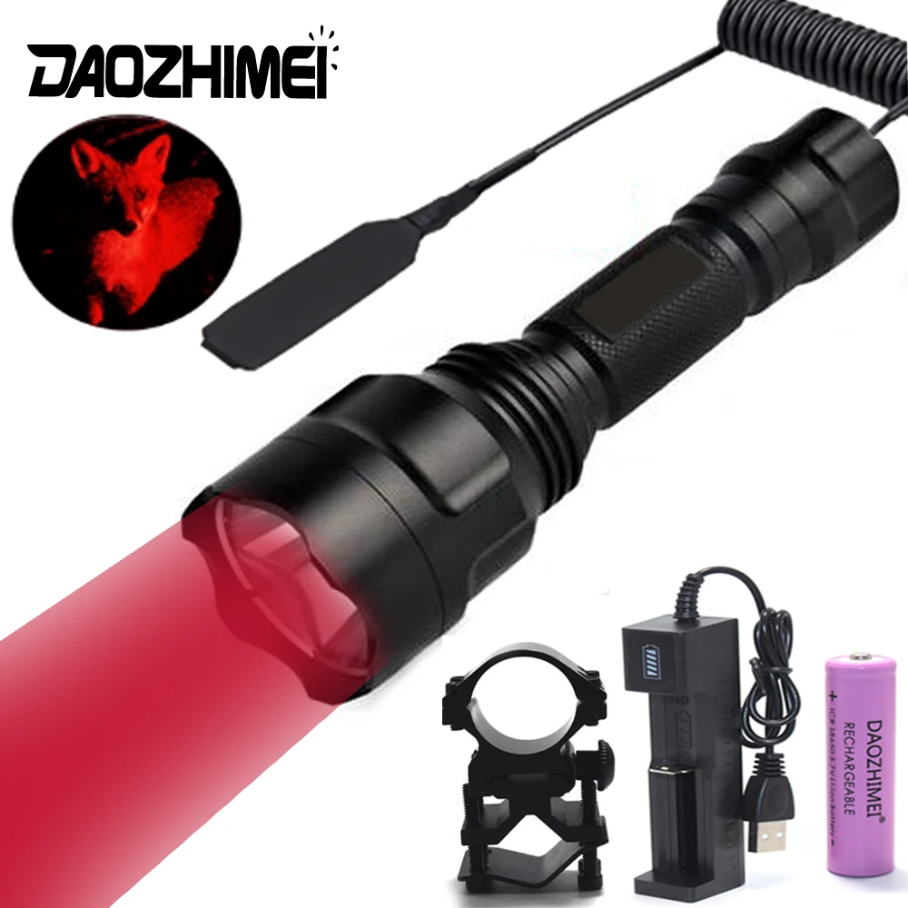 C8 Red Hunting Flashlight 1 Mode USB Rechargeable Torch 18650 Tactical Flashlights Waterproof Lamp Gun Mount Waterproof Light