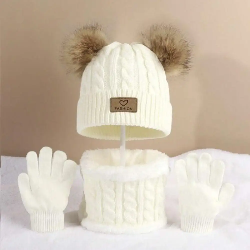 دافئ الاطفال الشتاء قبعة قفازات الاطفال الشتاء طقم قبعات الاطفال الشتاء قبعة وشاح قفازات مجموعة مع أفخم بوم بومس الدافئة محبوك الصوف بطانة #5