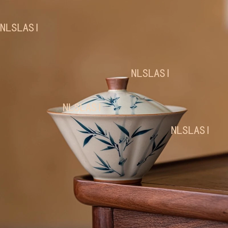 

1pcs 120ml Ceramic Tea Lid Bowl Hand Drawn Bamboo Cup Made of Wood Ash Chinese Household Kung Fu Tea Set Drinking Utensils