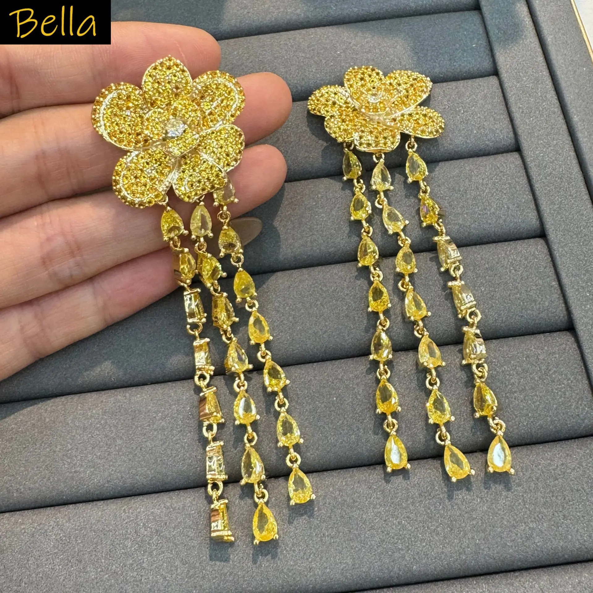 

flower earrings blue yellow multicolor zirconia long chain tassel earrings women dinner party jewelry