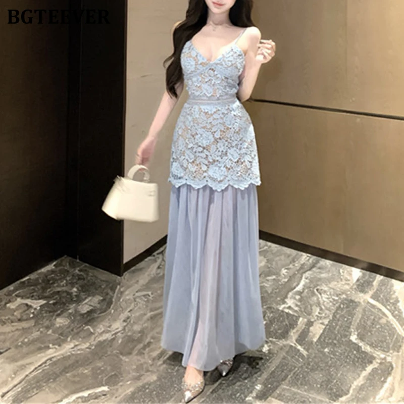 

BGTEEVER Elegant V-neck Sleeveless Women Patchwork Lace Dress Summer Fashion Slim Waist Ladies A-line Dress