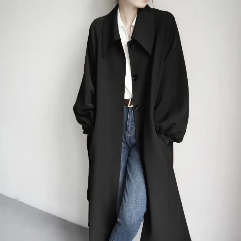 

New Spring and Autumn New Retro Solid Color Trendy Windbreaker Single-breasted Mid-length Pocket Lantern Sleeve Women's Jacket