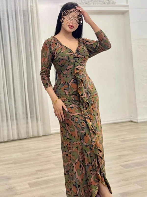 

Sexy Retro V-Ne Long Sve Chiffon Floral Print Dr Slim Fit Waistcoat Spring Summer Evening Par Bodycon Long Dr Women