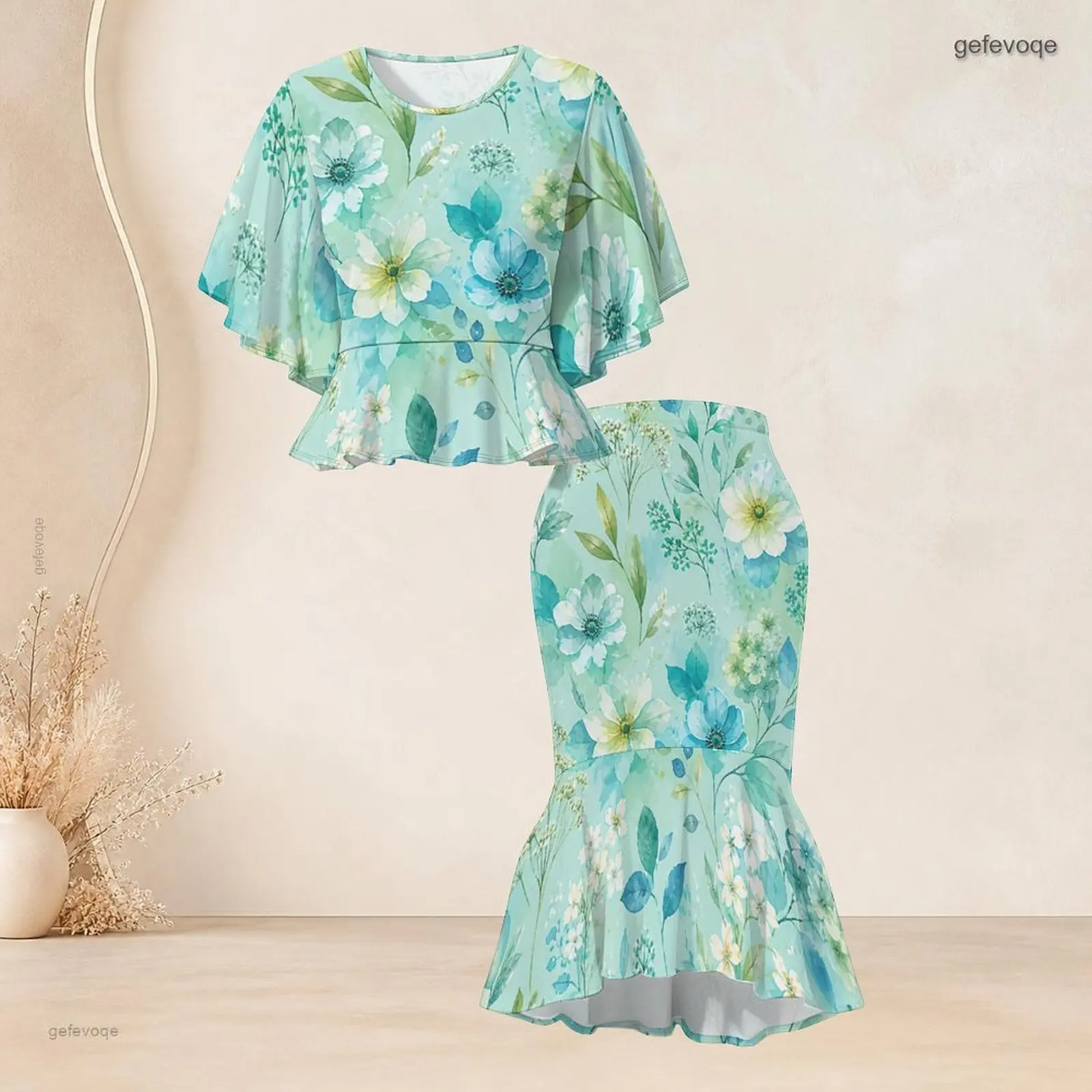 Batwing Sleeve Ruffle Hem Top Fishtail Skirt Two Piece Printed Skirt Set for Women