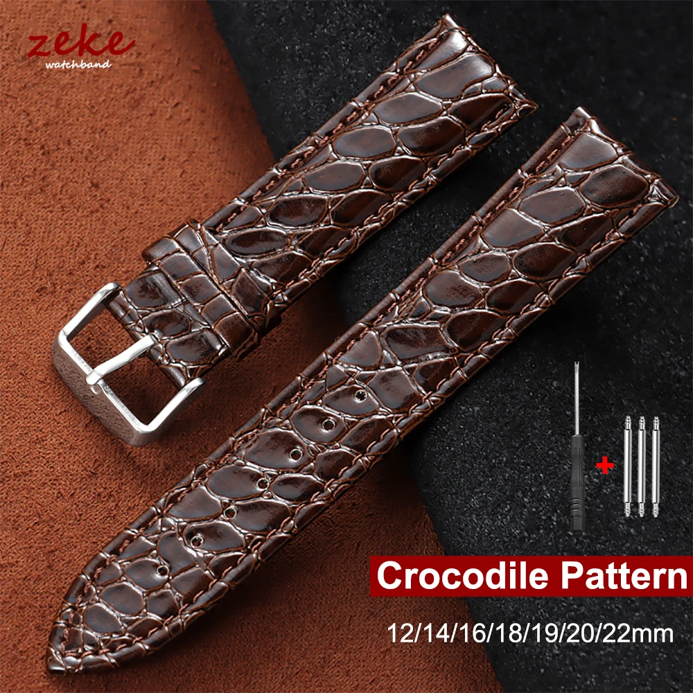 Handmade Crocodile Pattern Leather Strap Ultra Thin 12 14 16 18 19 20 22MM Black Brown for Men Women Genuine Leather Bracelets