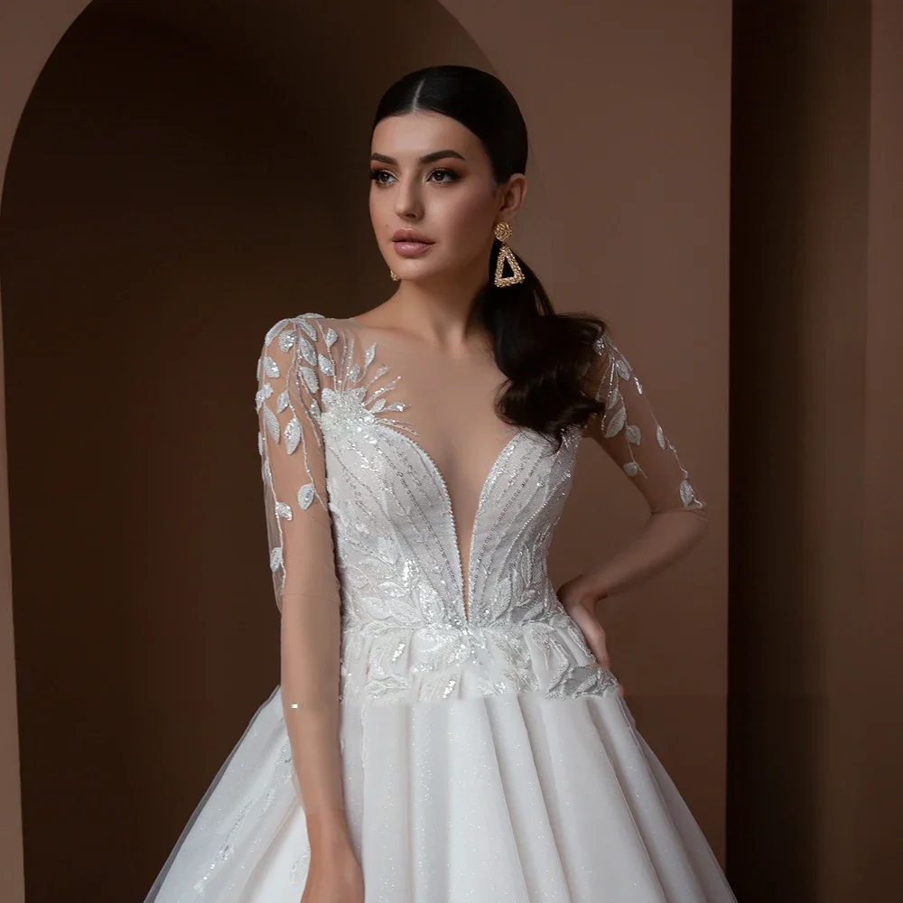 Flavinke Personalizzato O-Collo Manica Lunga Abiti da Sposa 2025 Sexy Robe de Mariee Paillettes Che Borda Splendido Vestido De Novia
