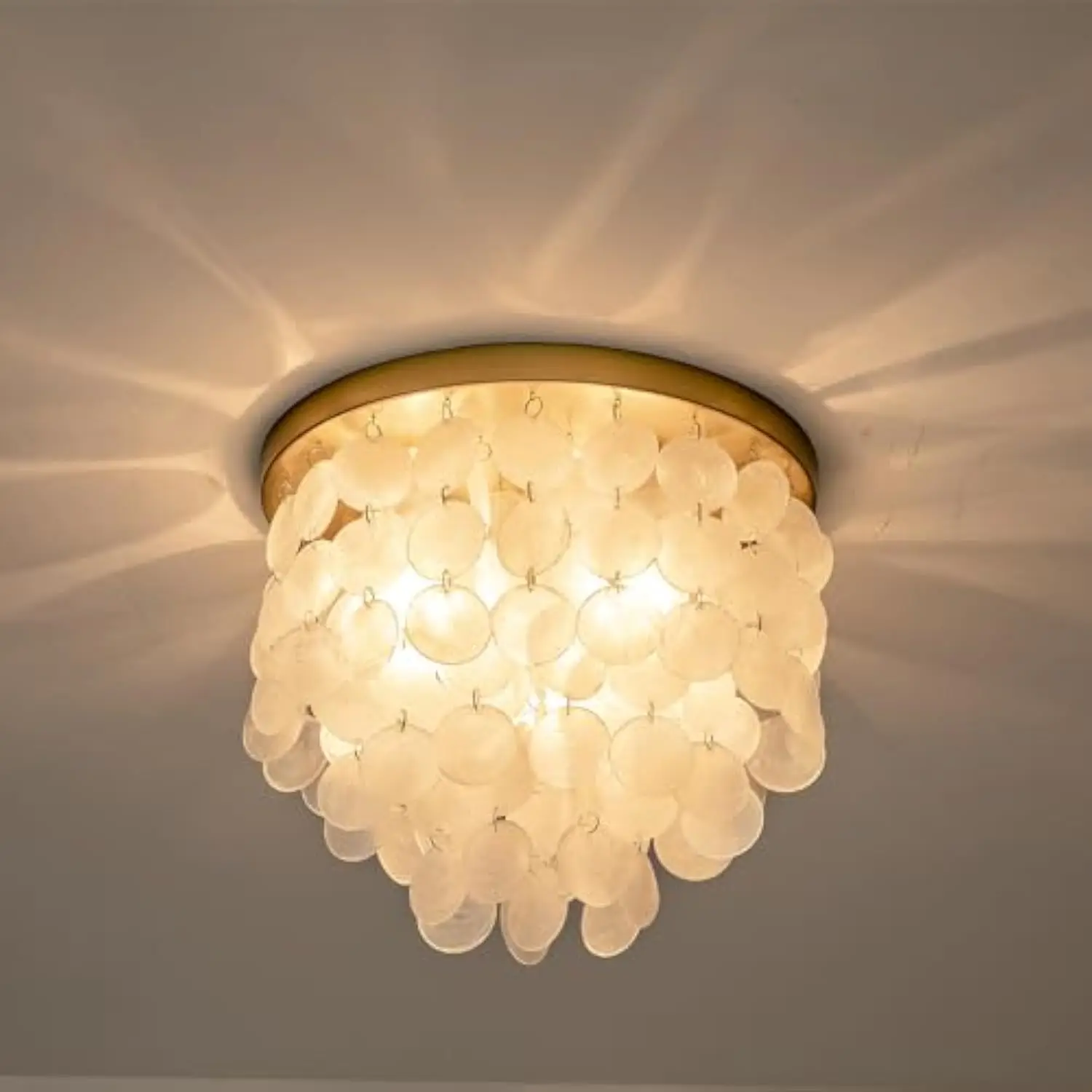 

3-Lights Capiz Shell Ceiling Light Fixtures, Gold Boho Flush Mount Ceiling Light for Living Room, Bedroom, Kitchen Island, Foye