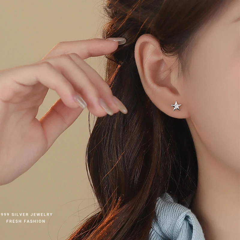 INZATT Real 925 Sterling Silver Zircon Star Moon Mini Stud Earrings for Women Fine Jewelry Light Luxury Asymmetry Accessories
