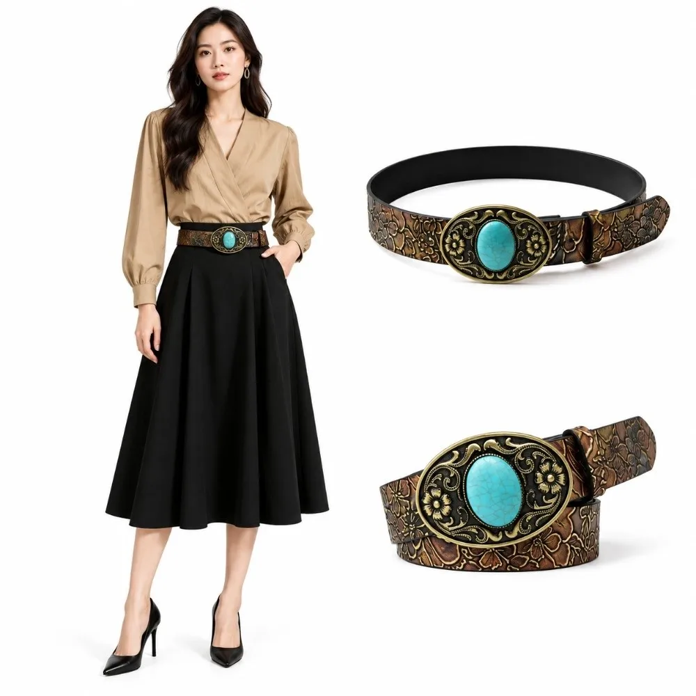 Stylish PU Leather Ethnic Waist Belt Antique Bronze Buckle Retro Floral Embossed Belt Vintage Turquoise Inlaid Belt Dress Jeans