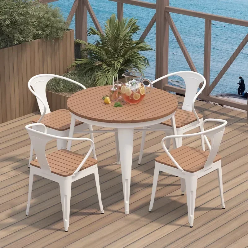 Outdoor simple plastic wood table and chair combination outdoor balcony courtyard metal leisure one table and four chairs open-a
