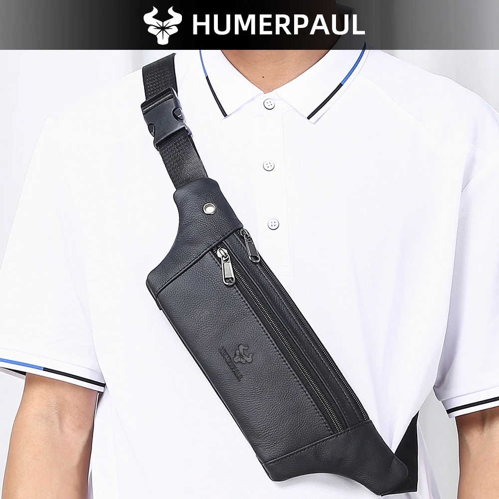 

HUMERPAUL Cowhide Chest Bag for Men Casual Retro Fanny Pack Multifunctional Waist Bags Outdoor Sport Crossbody Bag