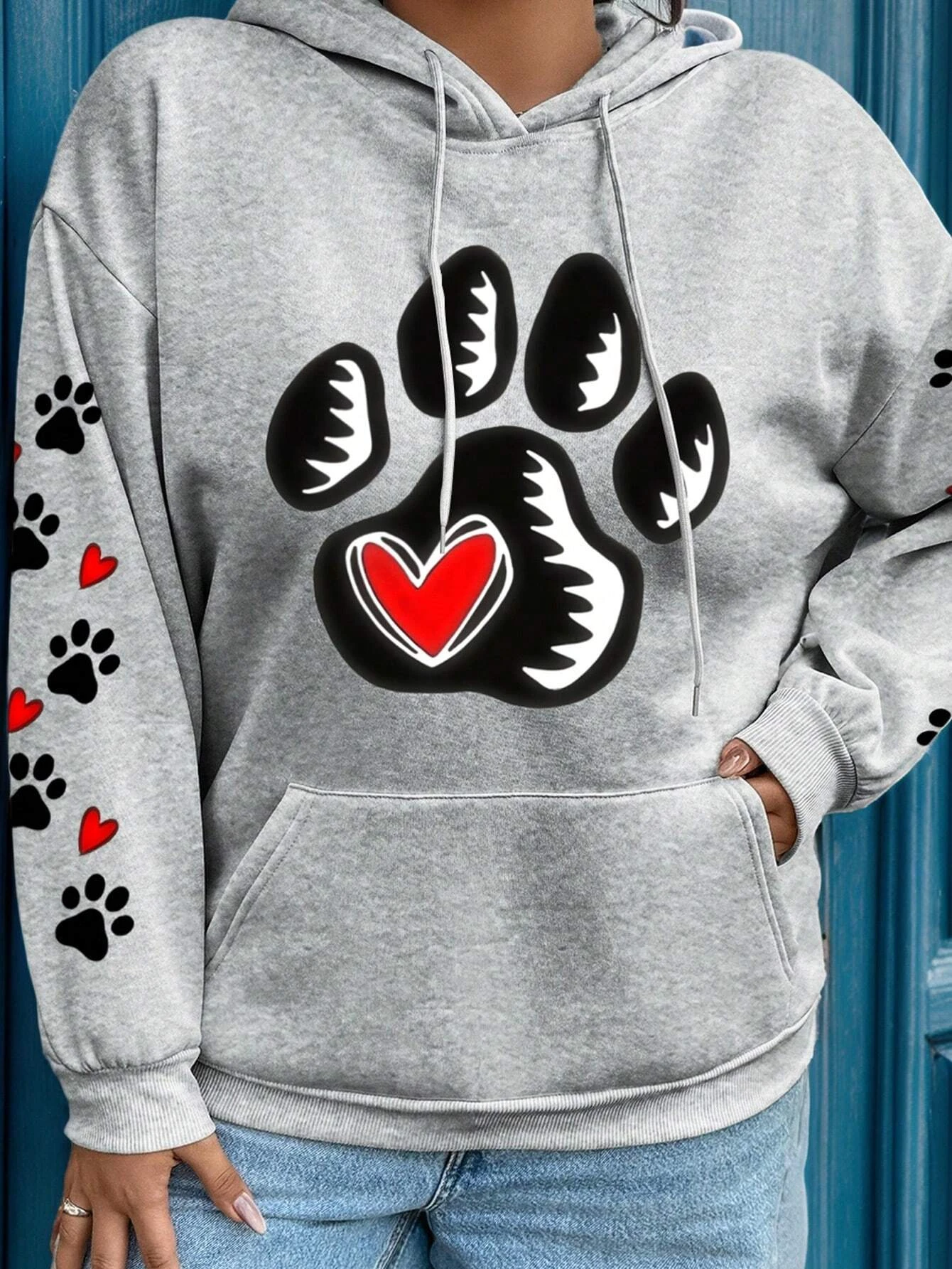 الإبداعية الحب آثار أقدام مطبوعة المرأة هوديس الخريف جيب الشارع الشهير فضفاض بلوزة كاجوال الصوف مريحة امرأة هودي