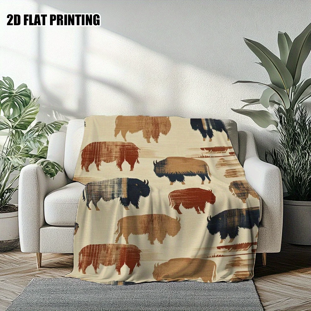 Western Style Multi-color Bison Buffalo Antique Grain Art Pattern Soft Blanket Fit Living Room Bed Travel Multi-scene Home Daily