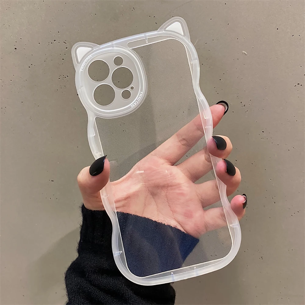 Cute Cat Ear Curly Wave Transparent Case For iPhone 11 13 12 14 15 16 Pro Max Cartoon Shockproof Clear Soft Back Cover