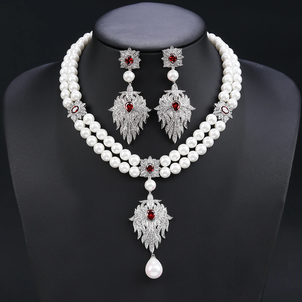 Luxury White Blue Green Red Cubic Zirconia Pearl Earrings Necklace Set Women Bridal Wedding Jewelry Costume Accessories  CN11328