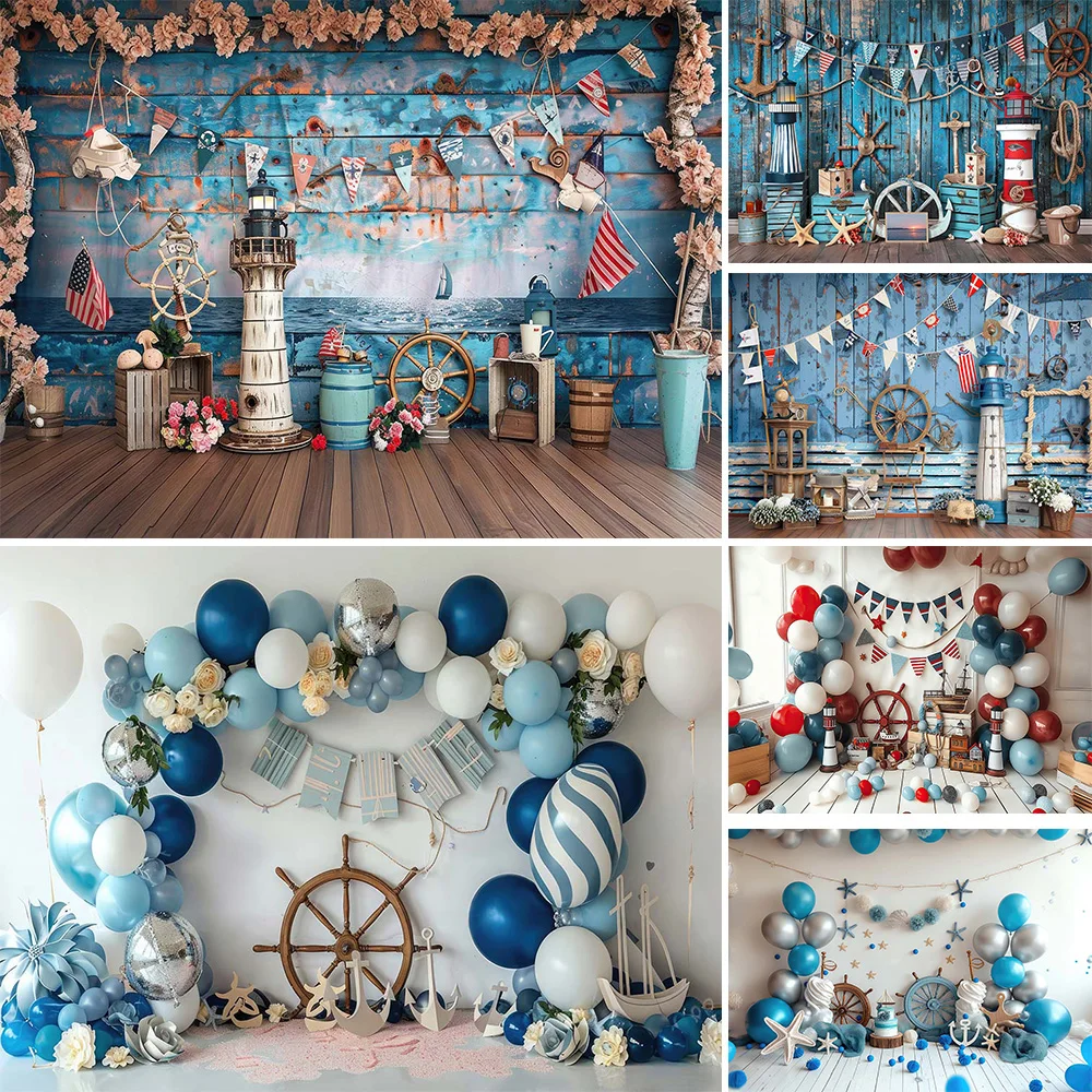 Sailor Boy Baby Show Background Photography Booth Blue Wooden Board Lighthouse Balloon Backdrop Decor Newborn Cake Smash Studio