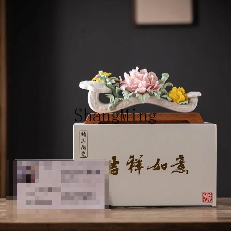 

SM Household Blooming Ceramic Handmade Peony Flower Ornaments Living Room Entrance Decoration Crafts