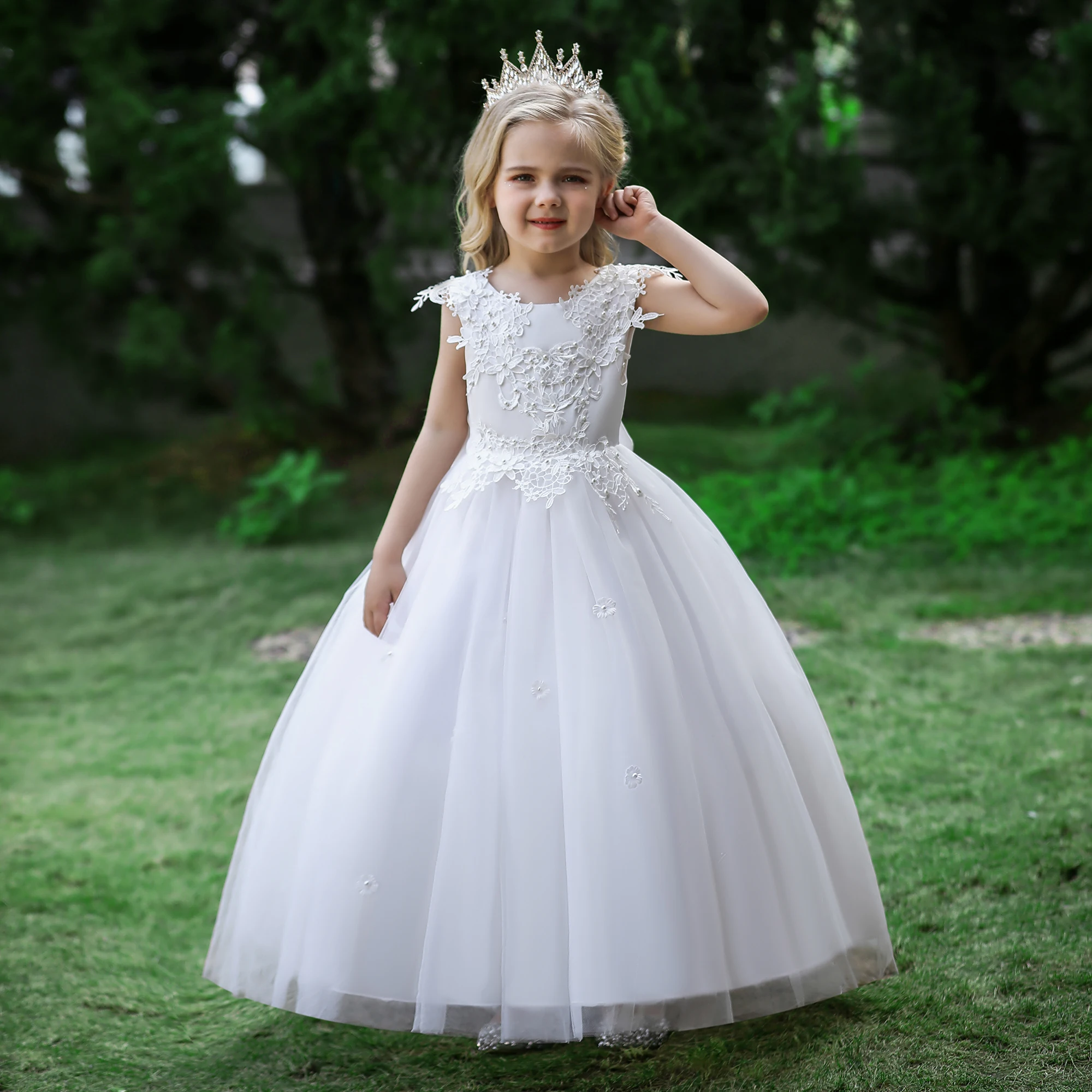 

Elegant White Bridesmaids Party Dress For Girls Summer Bow Tulle Flower Wedding Birthday Princess Girl Dresses Christmas Costume