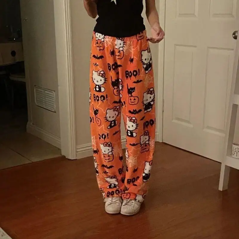 Anime Y2K Pajama Pants for Women Hello Kitty Flannel Autumn Winter New Thickened Plus Velvet Warm Casual Cartoon Home Pants Cute