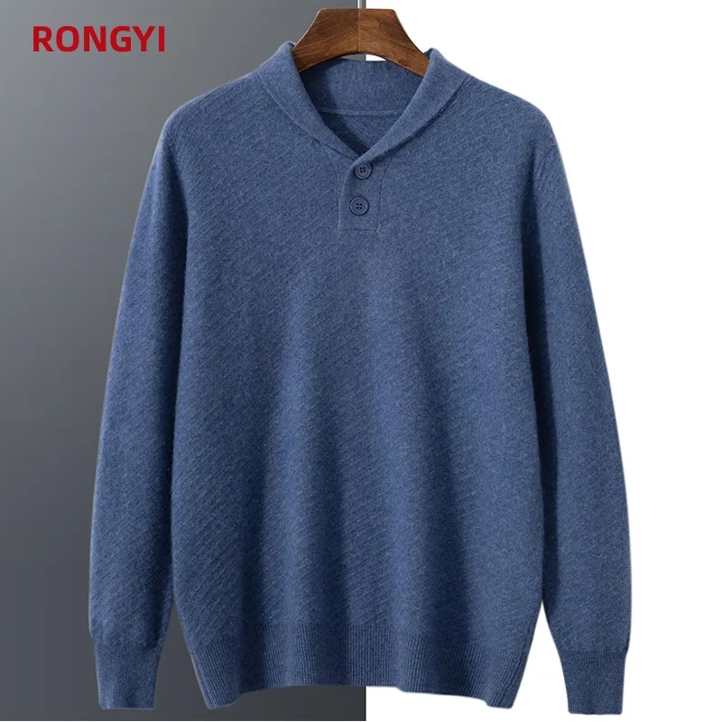 RONGYI Spring And Autumn Men\'s Cashmere Sweater Small Lapel Pullover Wool Knit Slim Bottoming Business Casual Shirt  Solid Color