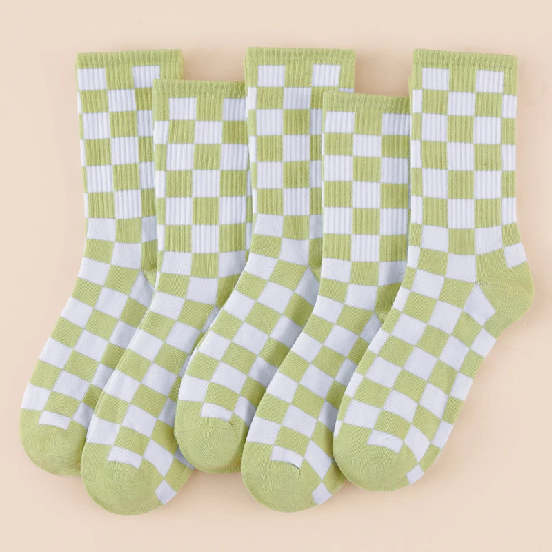 5 Pairs Of Four-Season Unisex Green And White Checkered/Striped Versatile Comfortable Casual Knee-High Socks