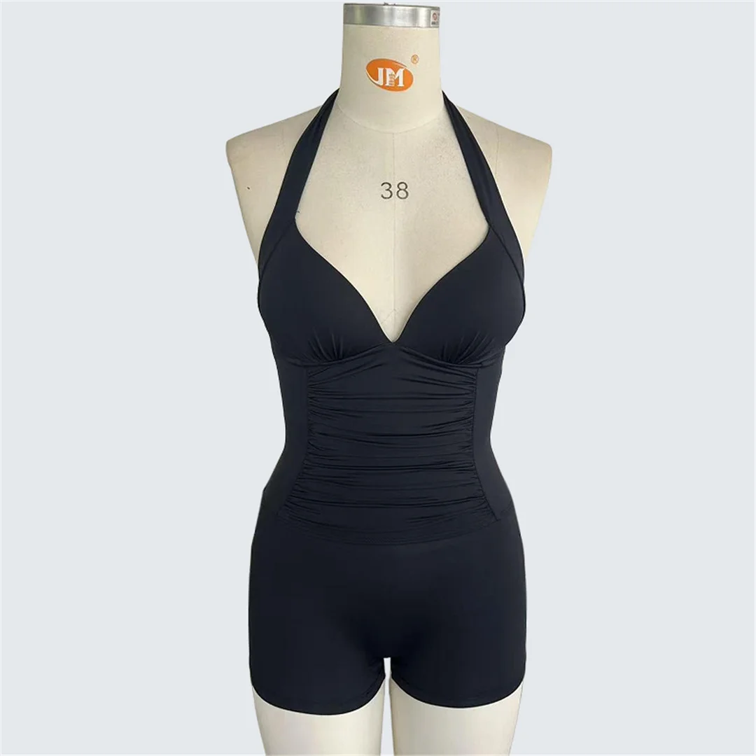 S - XXL Neckholder-Badeanzug mit V-Ausschnitt, geraffter Einteiler, Damen-Badebekleidung, Shorts, Monokini, gepolsterter Badeanzug, Badeanzug, Schwimmanzug V7535 – Detail 10