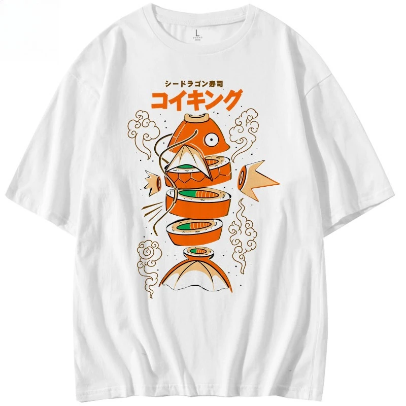 Japanese Hot Anime King Carp Magikarp Sushi Sashimi Short Sleeve T-Shirt Loose Men's and Women's Summer Trend Top Clothing