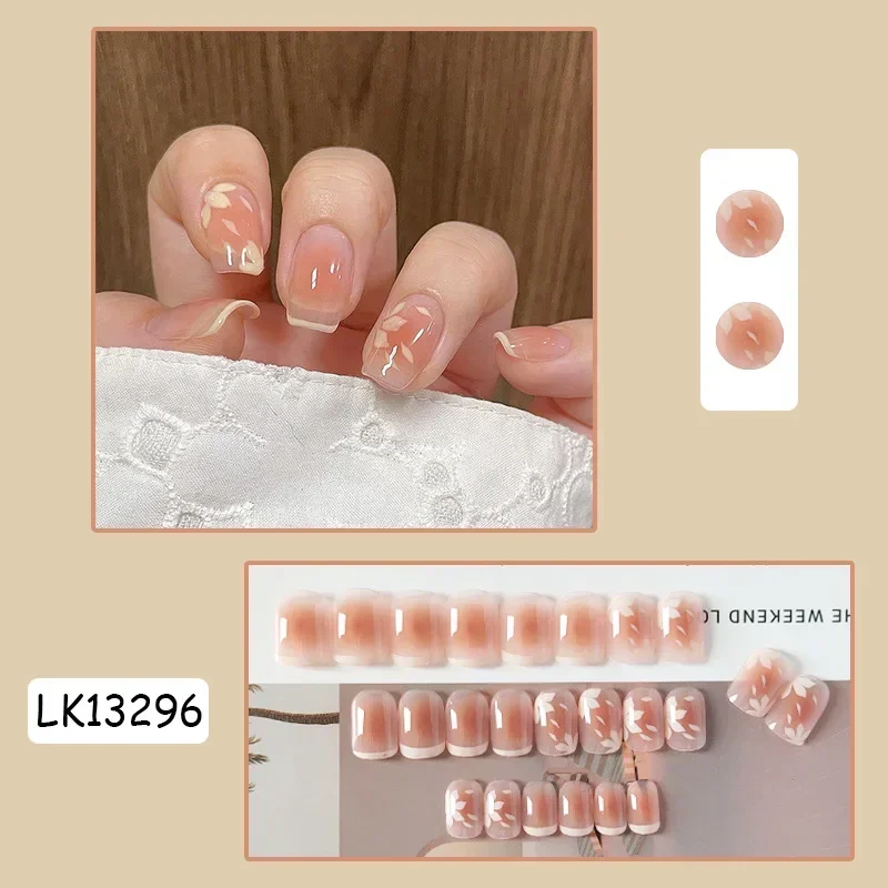 24 Stks/doos Abrikoos Camellia Nep Nagels Pers Op Valse Nagel Tips Met Lijm Sticker Set Art