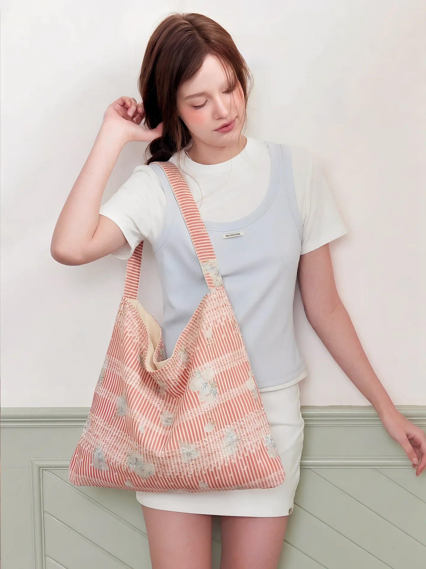 

Lazy Style Canvas Tote Bag Women's Large Capacity Single Shoulder Bag Korean Summer Versatile Stripe Lace Girl Orange Teen