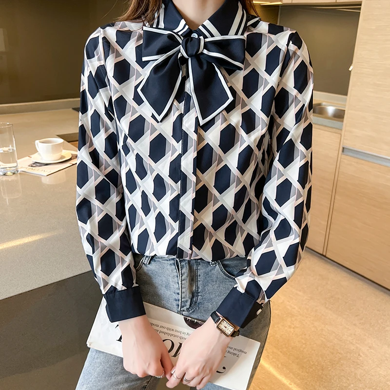 France style New elegant office ladies printing shirts 2022 Spring Summer Women\'s Blouses Long Sleeve Shirts Tops Blusas Mujer